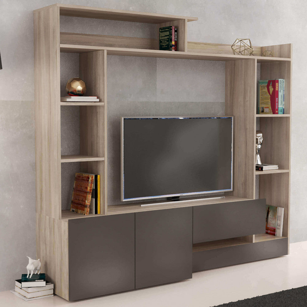 ENTRY LIVING ROOM WALL PANEL, ELM AND GREY. Dimensions: 180 x 28/40 x 165 cm h.