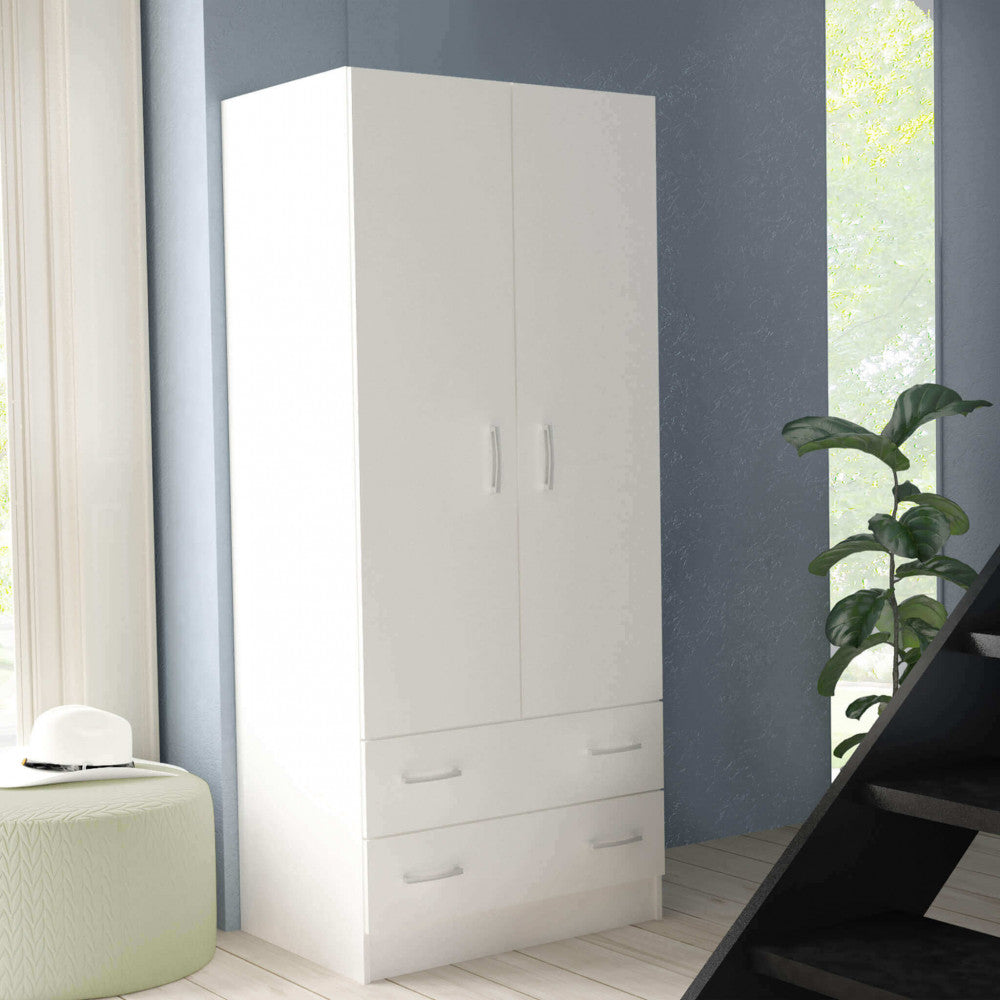 ARMADIO 2 ANTE E DUE CASSETTI POP BIANCO. Armadio in legno BIANCO Dimensioni: cm 80 x 52 x 180 h.