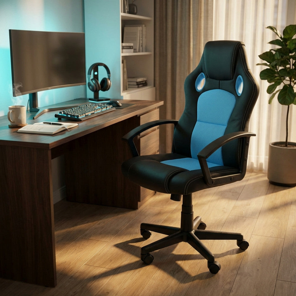UNCHARTED BLUE AND BLACK GAMING CHAIR. Dimensions: 61 x 65 x 104-113.5 cm h.