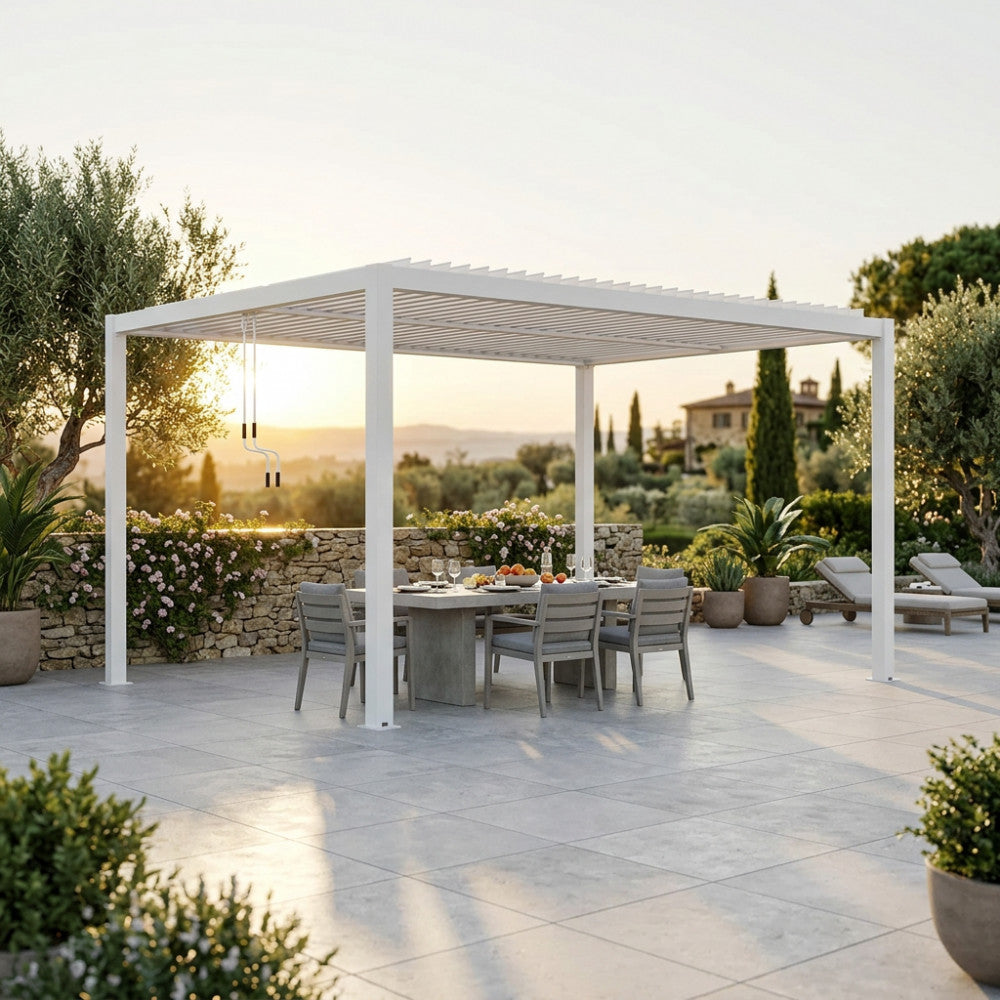 PERGOLA BIOCLIMATICA 3 X 4. Struttura in alluminio bianco o grigio scuro o marrone effetto legno frangisole orientabili a movimentazione manuale copertura a lamelle resistente a tutte le intemperie Dimensioni: m 3 x 4 x 2,5 h. Arredo Giardino
