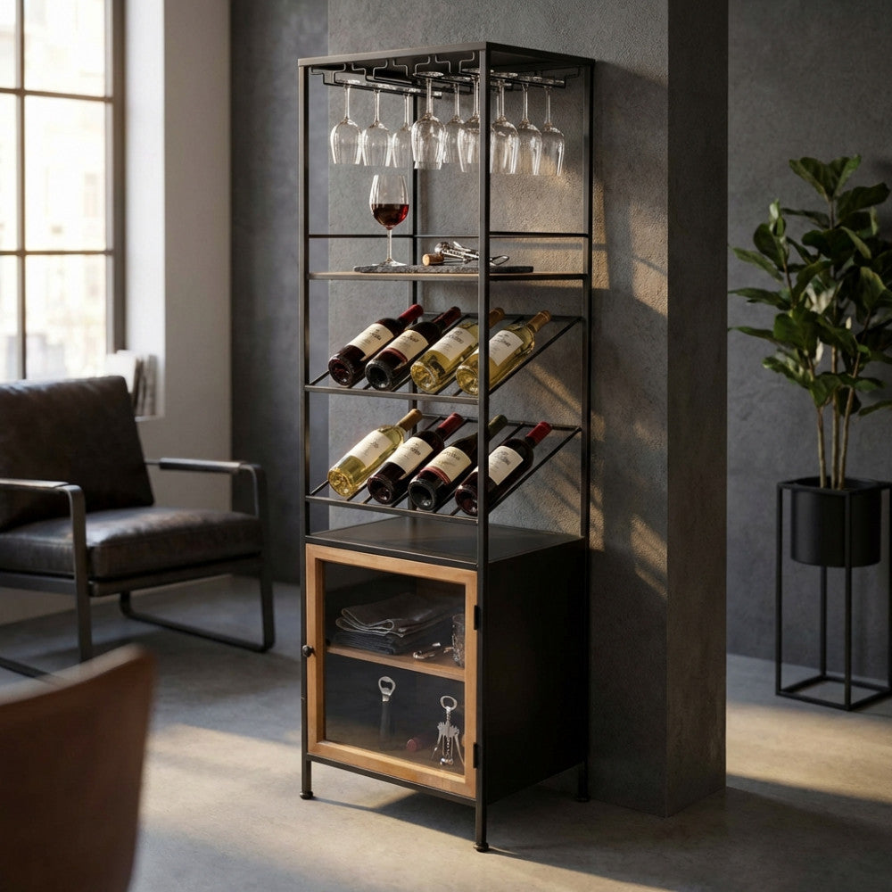 MOBILE MIK. Mobile in ferro e legno con 1 anta, porta bottiglie e porta bicchieri Dimensioni: cm 51,50 x 41 x 165,50 h.