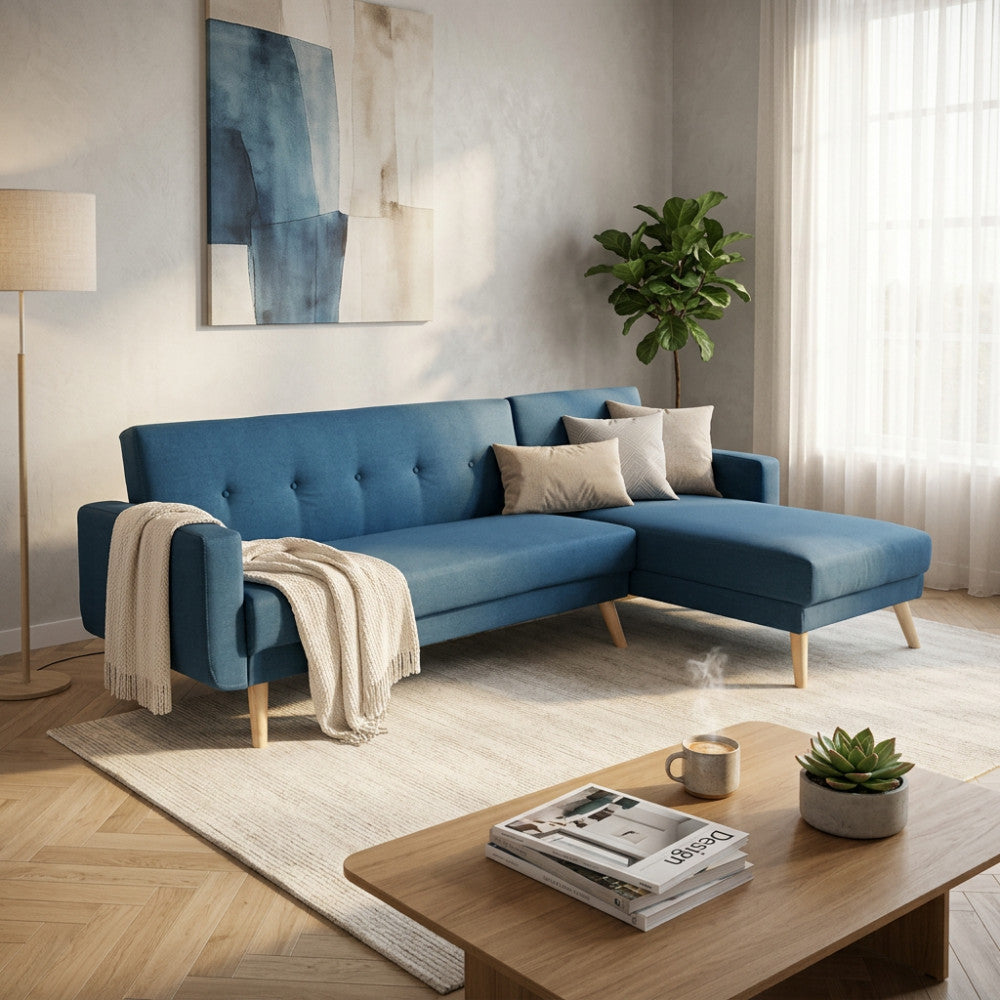DIVANO LETTO ARTHUR. Divano Letto BLU MELANGE struttura in metallo e legno Dimensioni: D.176x84x84/DL.176x105x45/S.74x157x84/SL.74x178x45.