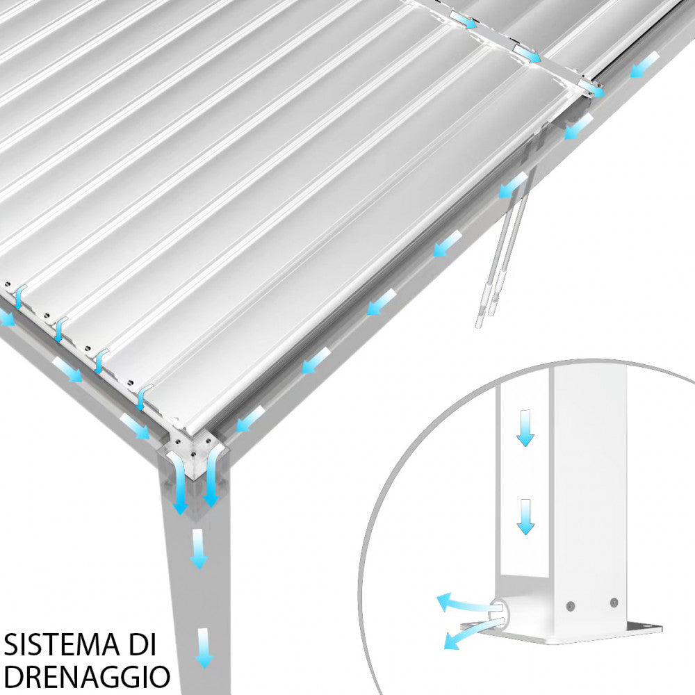 PERGOLA BIOCLIMATICA 3 X 4. Struttura in alluminio bianco o grigio scuro o marrone effetto legno frangisole orientabili a movimentazione manuale copertura a lamelle resistente a tutte le intemperie Dimensioni: m 3 x 4 x 2,5 h. Arredo Giardino