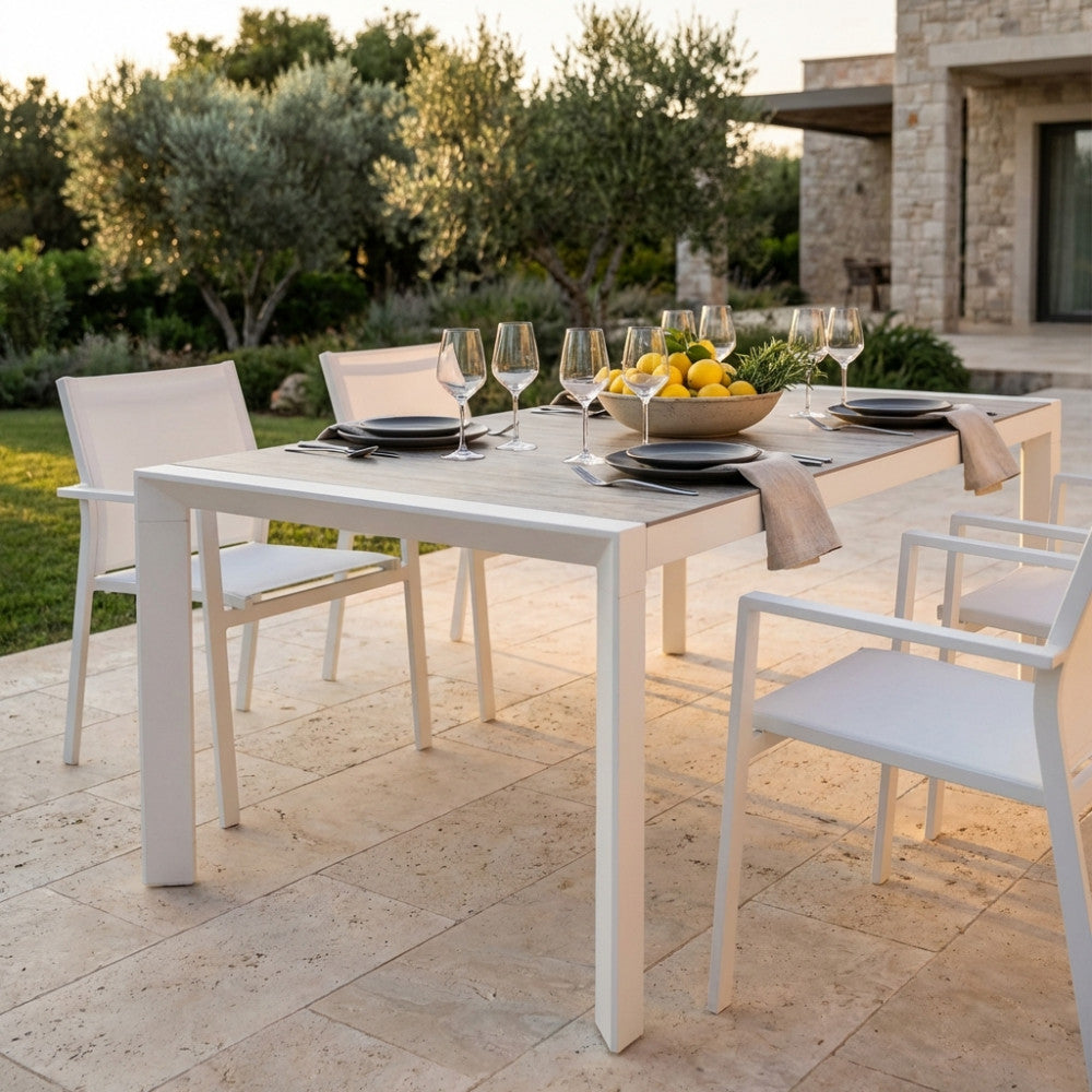 PORTLAND TABLE 175/235 X 100. Structure in ANTHRACITE, TAUPE or WHITE aluminium, table top in GREY wood-effect ceramic in NATURAL taupe. Dimensions: 175/235 x 100 x 75 h cm. Garden Furniture