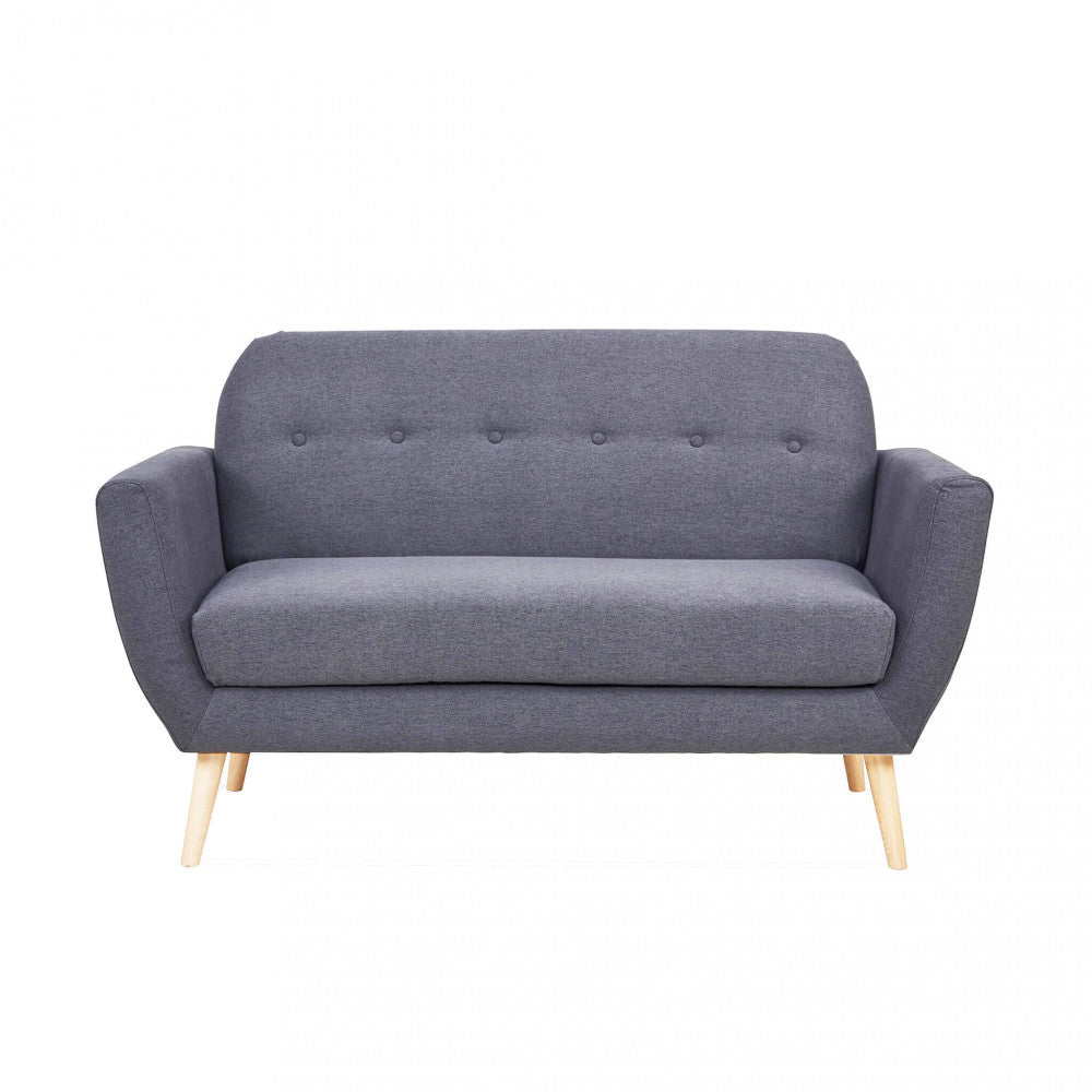 BURTON 2-SEATER SOFA. LIGHT GREY, DARK GREY or BLUE sofa with buttons and polypropylene legs. Dimensions: 147 x 79 x 86 h cm.