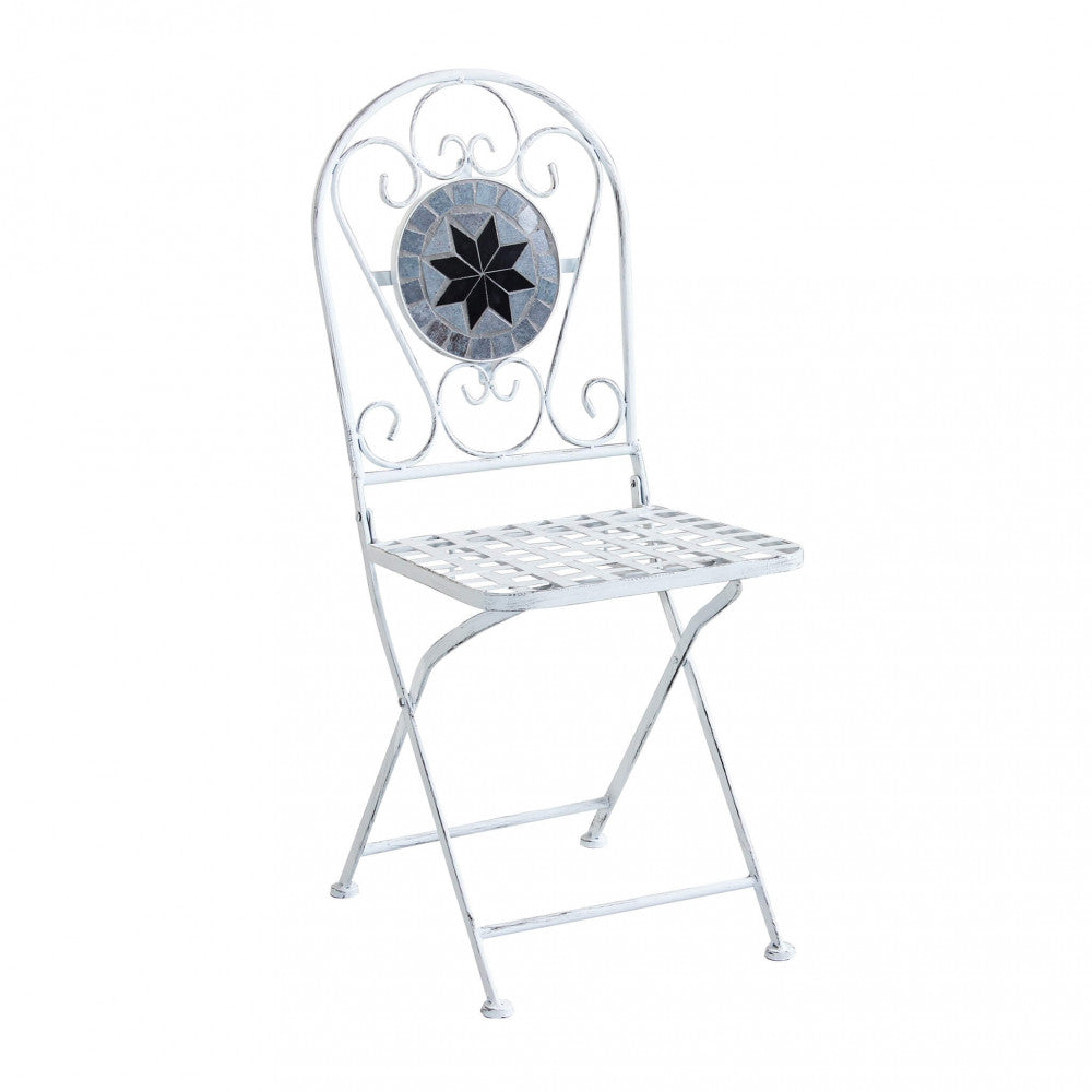 SET/3 BISTRO' ALISON BIANCO ANTICO. Struttura in metallo verniciato a polvere e marmo set composto da 1 tavolo e 2 sedie color bianco, trattamento elettroforesi Dimensioni: T. cm 60 x 72 h S. cm 36 x 35 x 91 h.