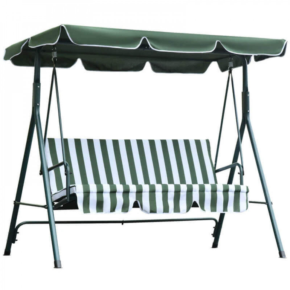 GREEN SWING WITH CUSHIONS. 160 g GREEN polyester fabric, GREEN STRIPED cushion. Green metal frame, tubes Ø 45/32/25/19/16 mm. Dimensions: 170 x 110 x 153 cm. Garden Furniture
