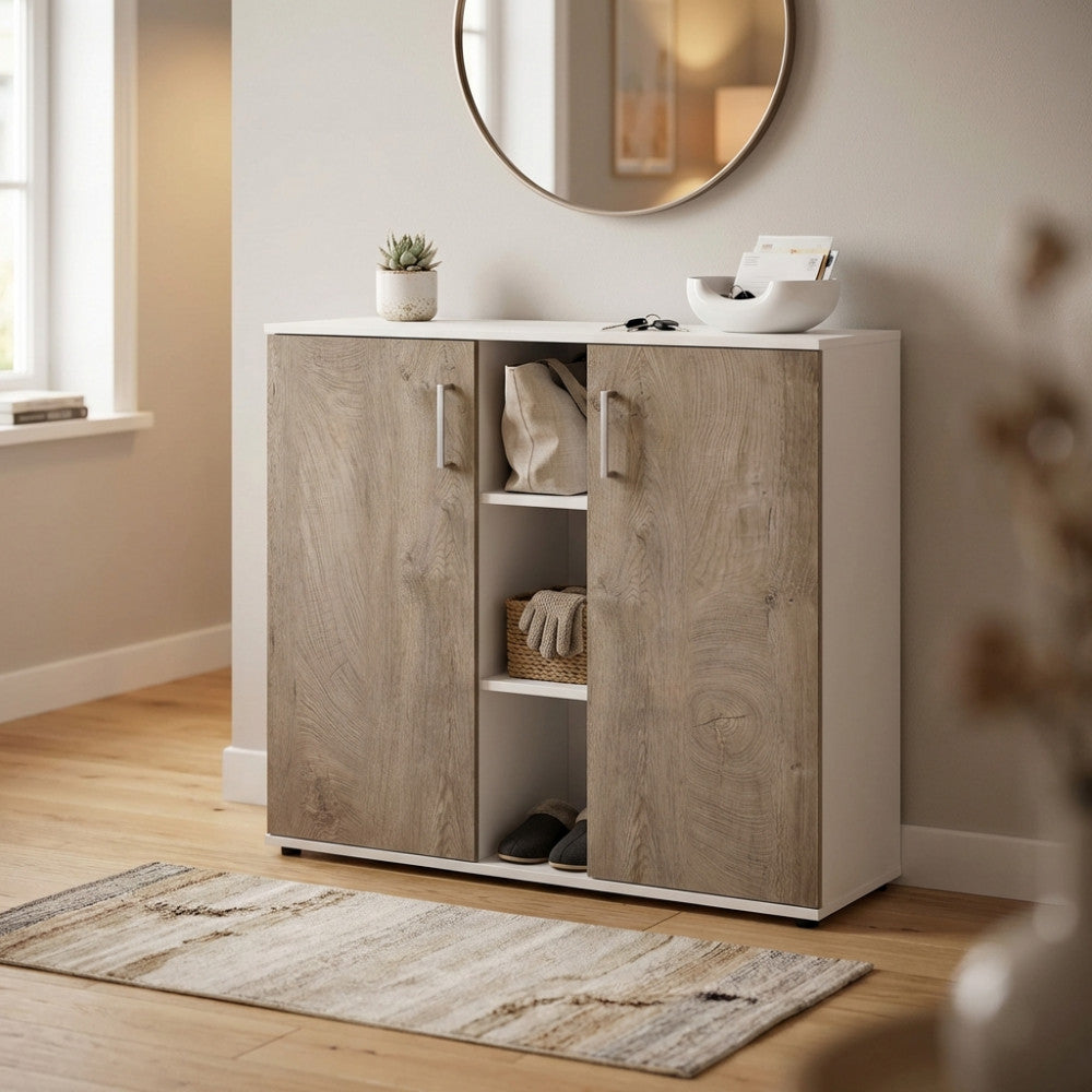 MOBILETTO 2 ANTA E 3 MENSOLE FRANK BIANCO E ROVERE CHIARO. Dimensioni: cm 101,5 x 35 x 87 h.