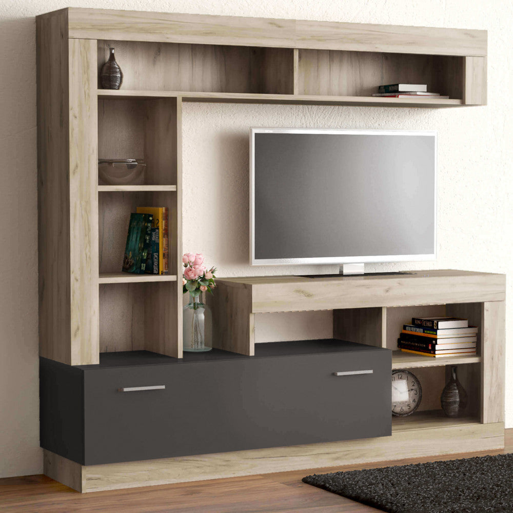 LEONARD OAK AND TAUPE LIVING ROOM WALL UNIT. Dimensions: 170 x 42 x 170 cm h.