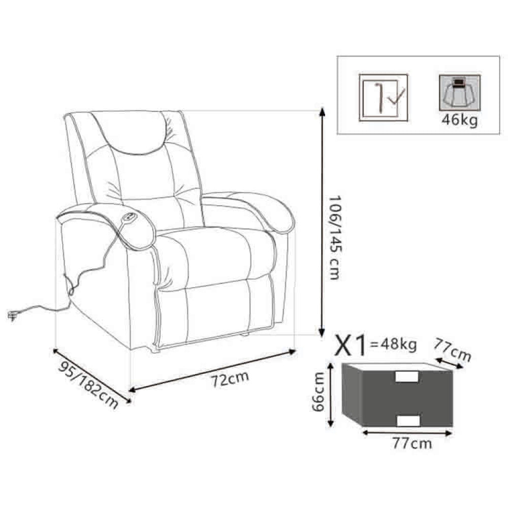 POLTRONA RELAX ELETTRICA MASSAGGIANTE TAIGA. Poltrona in ecopelle BEIGE o MARRONE Dispone di apertura distensiva reclinabile e alza e abbassa elettrica con funzione massaggiante Dimensioni: cm 72 x 95/182 x 106/145 h.