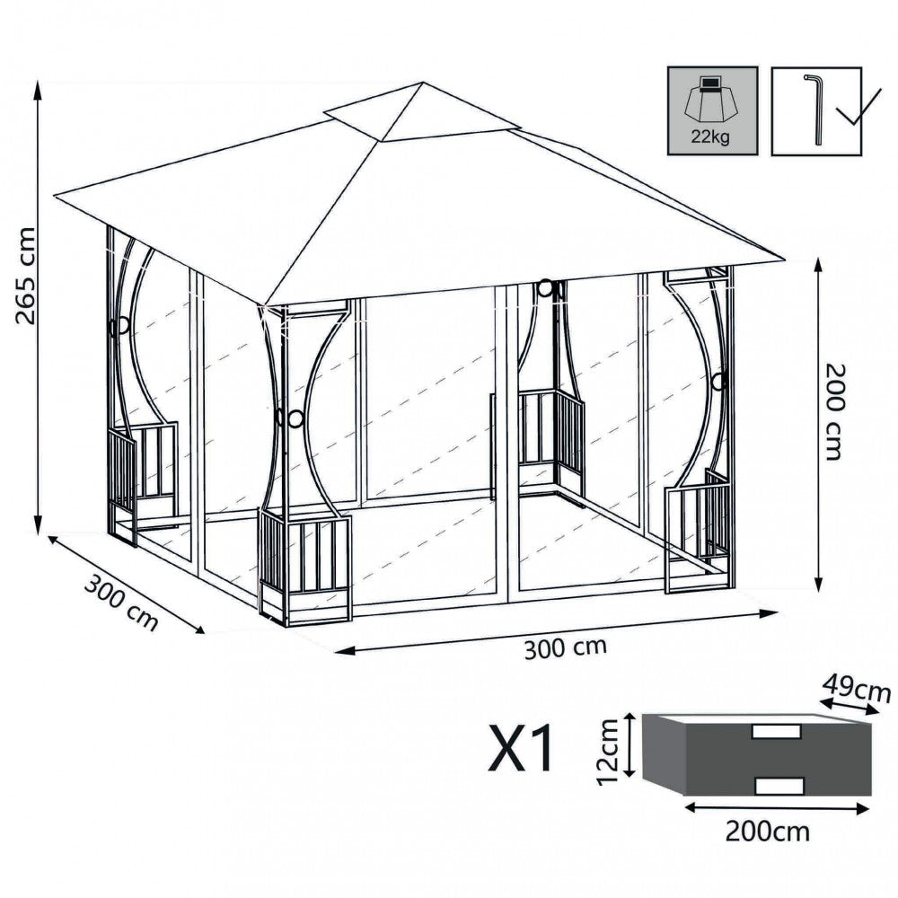 GAZEBO HOGAN 3 X 3. Struttura in metallo color nero 14x20 mm Telo in poliestere TORTORA 180gr con antivento Tubi 14x20/15x15 mm Dimensioni: m 3 x 3 x 265 h. Arredo Giardino