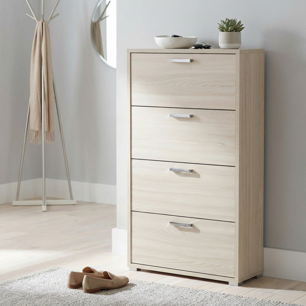DEMI 4-DOOR FLAP-DOOR SHOE RACK IN ELM. Dimensions: 75.3 x 33 x 151.8 cm h.