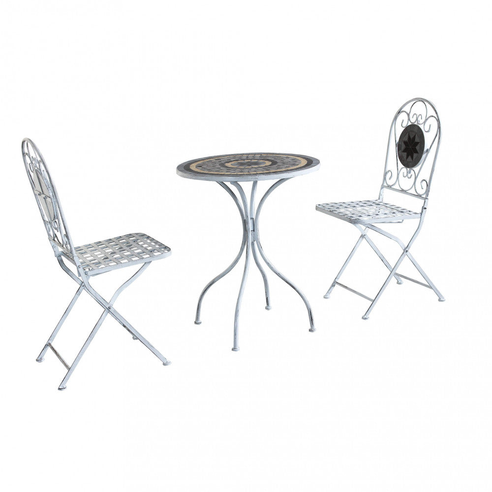 SET/3 BISTRO' ALISON BIANCO ANTICO. Struttura in metallo verniciato a polvere e marmo set composto da 1 tavolo e 2 sedie color bianco, trattamento elettroforesi Dimensioni: T. cm 60 x 72 h S. cm 36 x 35 x 91 h.