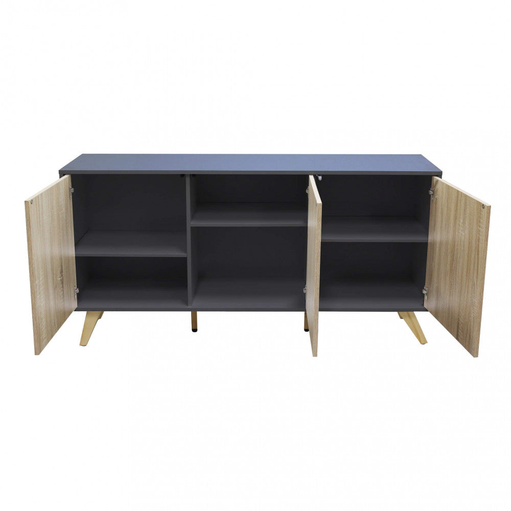 ELTON GREY AND NATURAL CABINET. Melamine cabinet with 3 natural doors, white or dark grey frame. Dimensions: 150 x 39.5 x 75 h.
