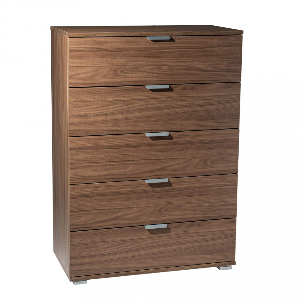 MOBILETTO EVERGLADE 5 CASSETTI TINTA NOCE. Dimensioni: cm 75 x 38 x 103 h.