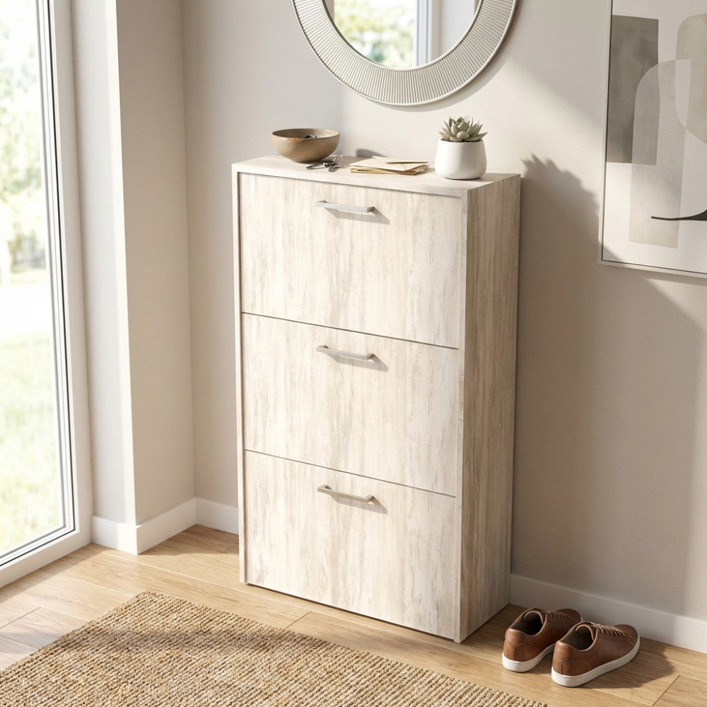 MOLLY SHOE RACK WITH 3 FLAP DOORS IN LIGHT PINE. Shoe rack in LIGHT PINE wood, 16 mm thick. Dimensions: 59 x 25 x 105 cm.