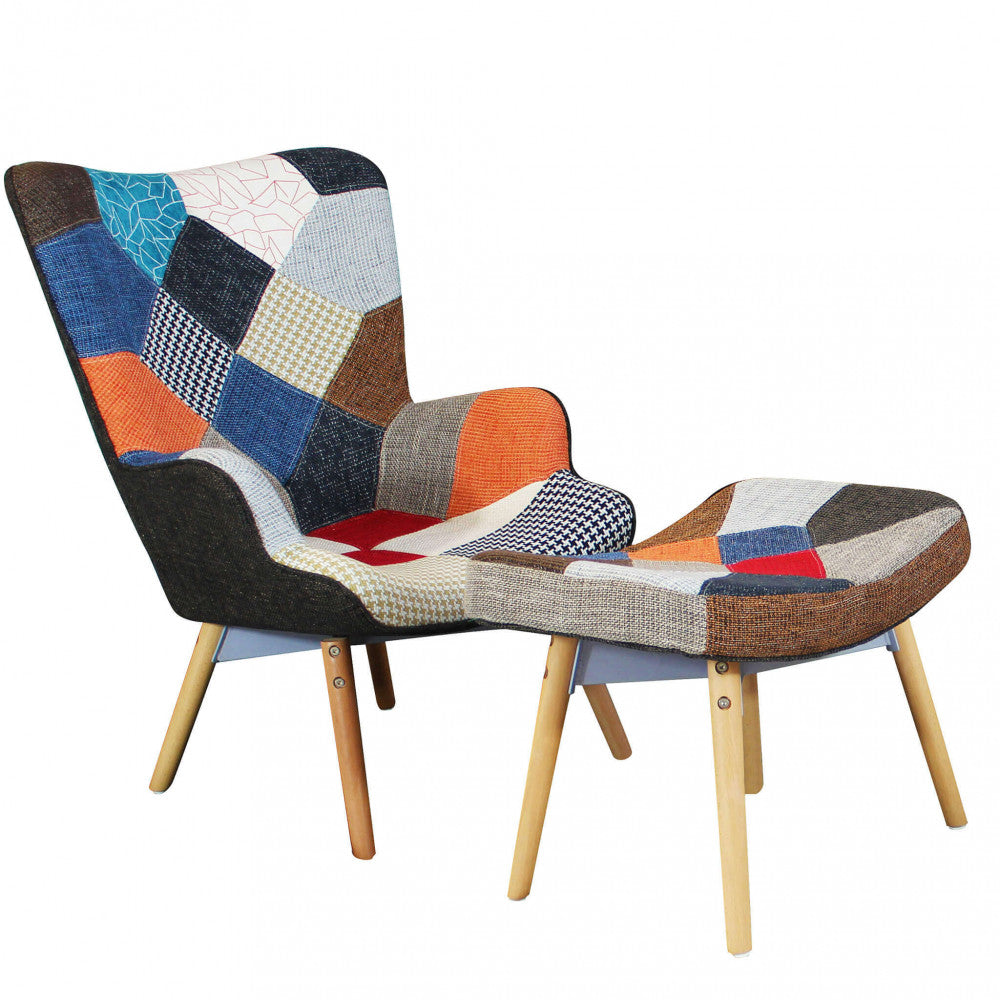 POLTRONA CON POGGIAPIEDI VERSAILLES PATCHWORK. Struttura in metallo, seduta in ABS colore BIANCO gambe in legno Dimensioni: cm 53 x 47 x 82 h.