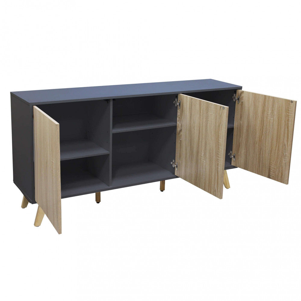 ELTON GREY AND NATURAL CABINET. Melamine cabinet with 3 natural doors, white or dark grey frame. Dimensions: 150 x 39.5 x 75 h.