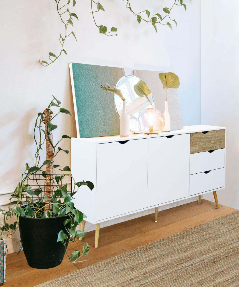 MOBILE BRADLEY. Mobile con 2 ante e 3 cassetti in legno bianco e naturale Dimensioni: cm 147 x 39 x 82 h.