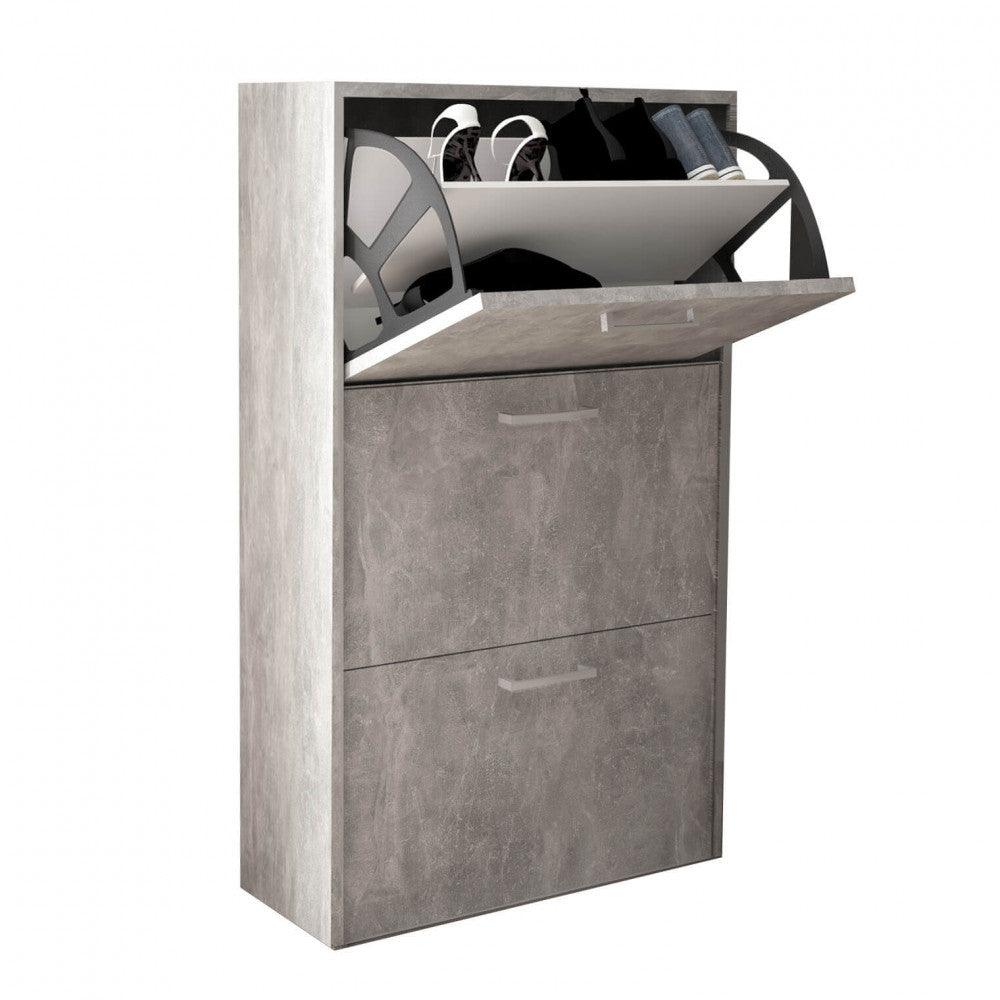 MOLLY SHOE RACK WITH 3 FLAP-DOORS, GREY CONCRETE EFFECT. 16 mm thick GREY CONCRETE EFFECT wooden shoe rack. Dimensions: 59 x 25 x 105 cm h.