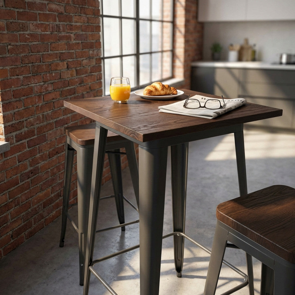 TAVOLINO ALTO PORDOI 60 X 60. Tavolo in metallo con piano in legno Dimensioni: cm 60 x 60 x 103 h.