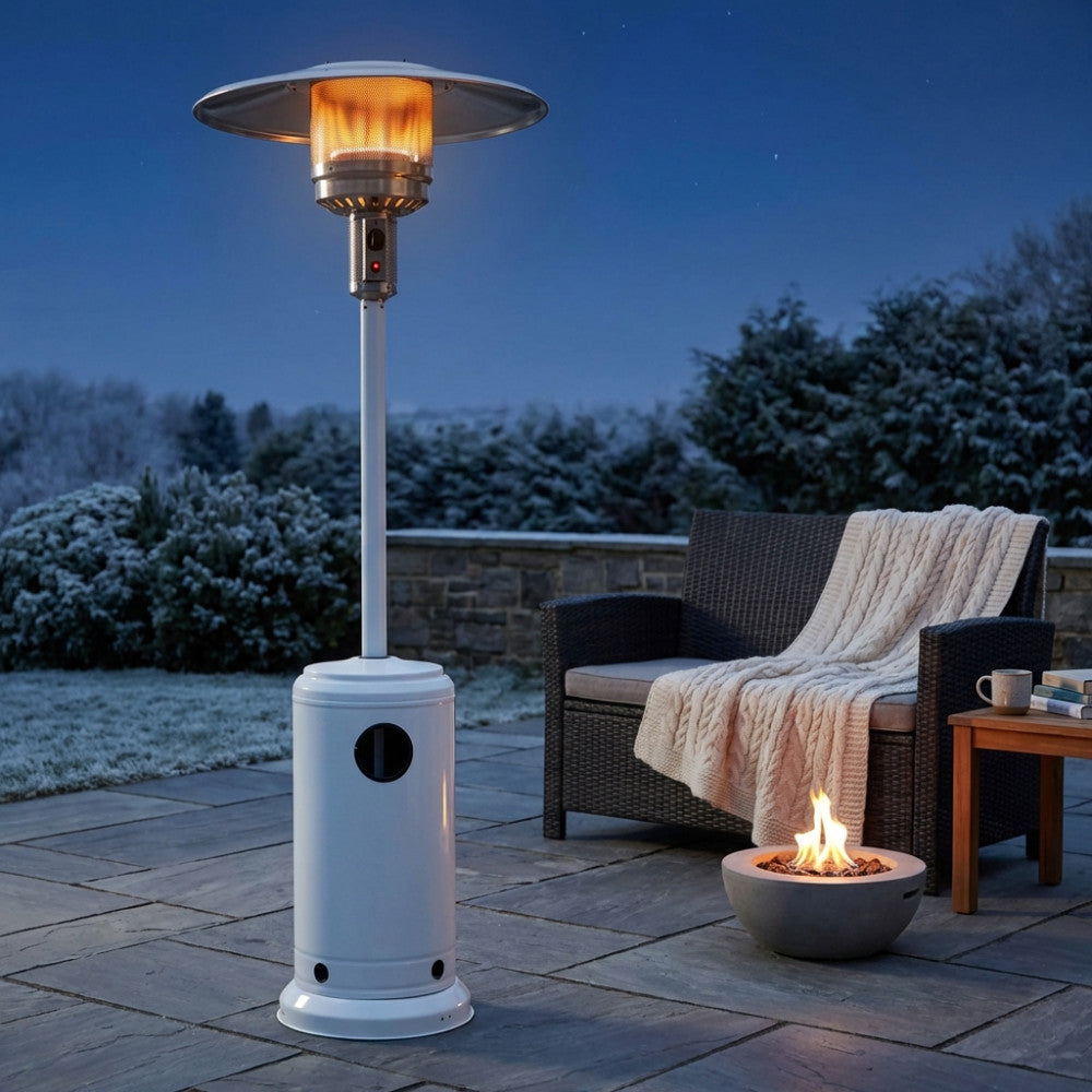 FUNGO A GAS. Struttura in acciaio verniciato a polvere, disponibile BIANCO, GRIGIO CHIARO o SCURO flusso 450g-870g all'ora funziona con propano o butano, bruciatore cm ò 27,5 x 53 h, potenza 5000-13000wats Dimensioni: base (cm ò 46 x 86 h) totale alt...