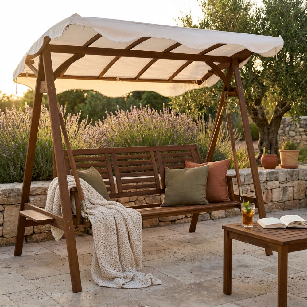 Quito 3-Seater Swing. Solid acacia wood, polyester cover. Dimensions: 206 x 130 x 200 cm. Garden Furniture.