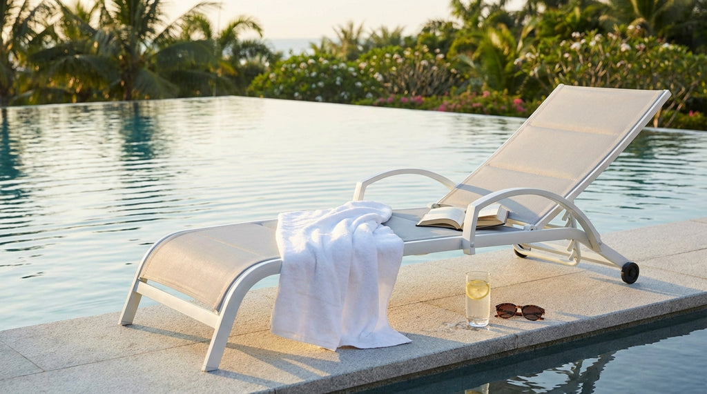 MALAGA STACKABLE LOUNGER. Frame in painted aluminum (WHITE, TAUPE, or ANTHRACITE). Padded ECRU textilene with armrests. Dimensions: 196.5 x 71 x 92.5 cm. Garden Furniture.