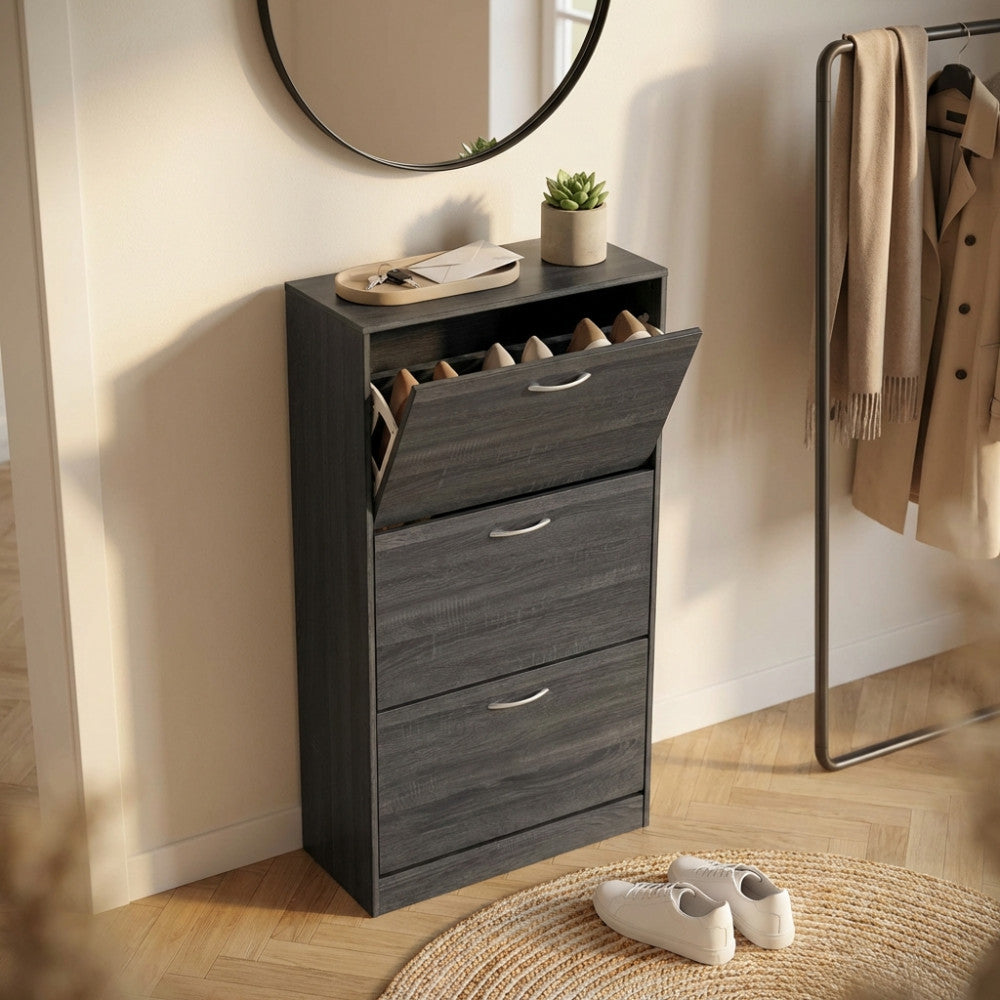 WENDY SHOE RACK DARK GREY. Shoe rack with 4 wooden doors. Dimensions: 60 x 24 x 150 cm h.