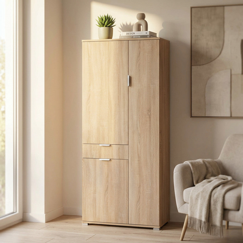 ARMADIO ECO CON 3 ANTE E 1 CASSETTO NATURALE. Dimensioni: cm 75 x 38 x 174 h.