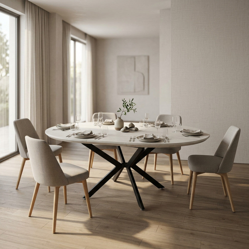 TAVOLO ROTONDO ALLUNGABILE GARRY BIANCO EFFETTO LEGNO STRUTTURA NERA 120/160 X 120. tavolo con piano in mdf e struttura in metallo Dimensioni: cm 120 l x 120 p x 76 h. Arredo Giardino