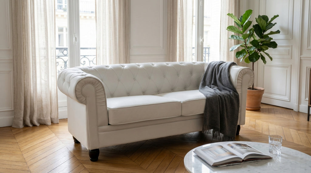 DIVANO 3 POSTI CHESTERFIELD IN ECOPELLE BIANCO. Dimensioni: cm 197 x 74 x 82 h.