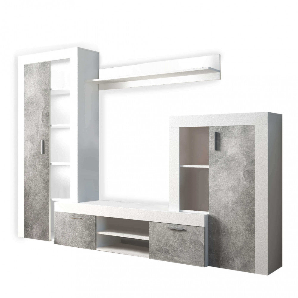 NOBEL LIVING ROOM WALL WHITE AND GREY CONCRETE EFFECT. WHITE and GREY CONCRETE EFFECT wooden wall Dimensions: 263 x 40 x 200 h cm.