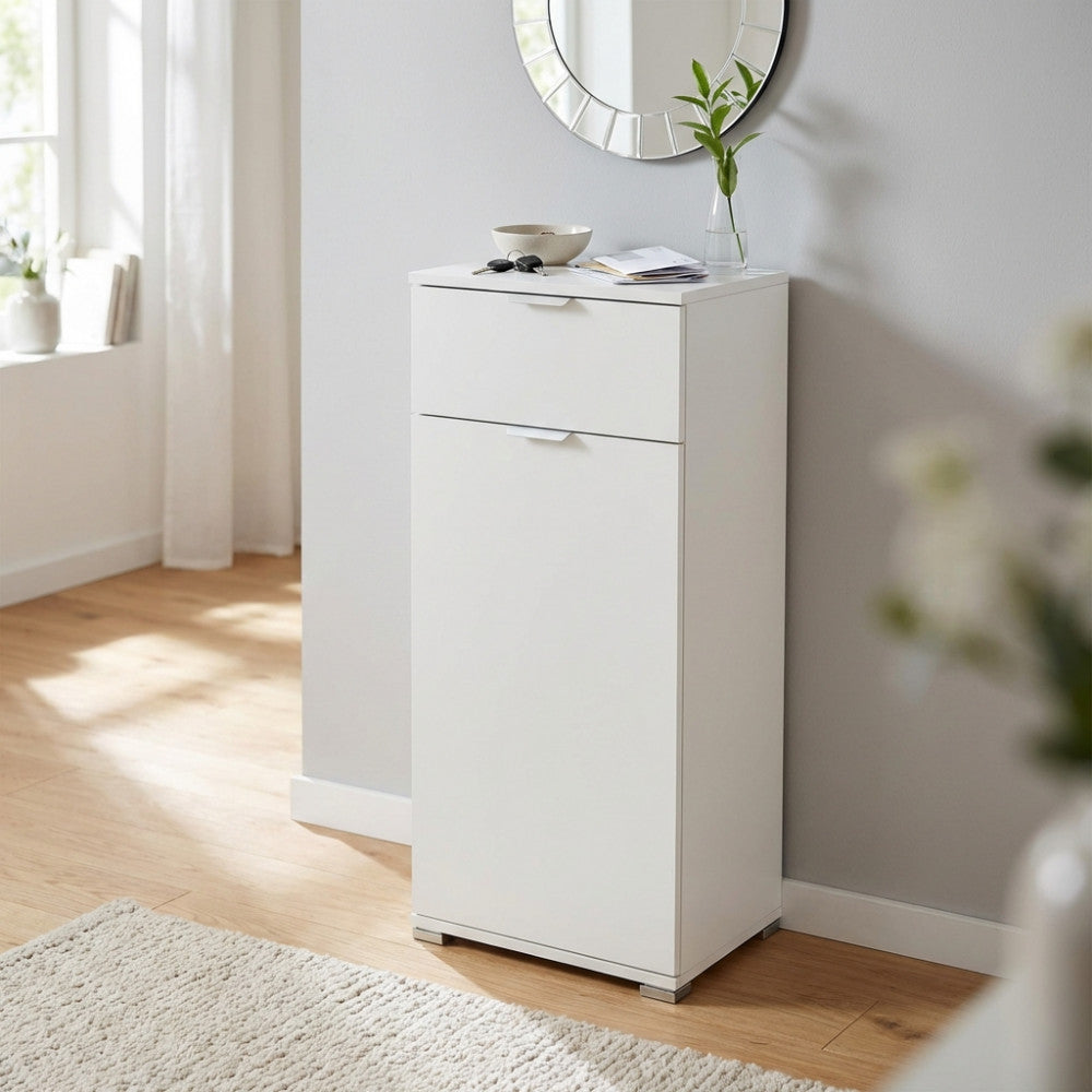 MOBILETTO BAKU CON 1 ANTA E 1 CASSETTO BIANCA. Dimensioni: cm 45 x 38 x 103 h.