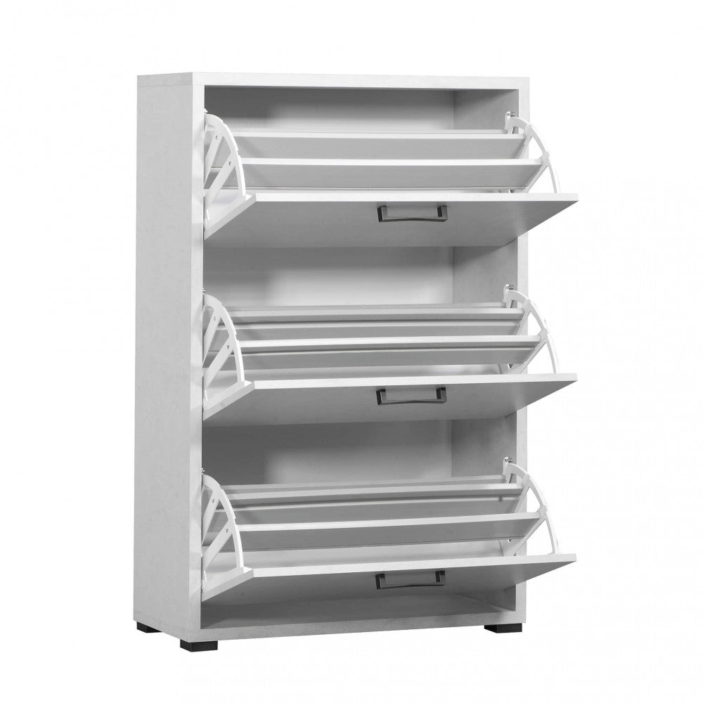 3-DOOR FLAP-TOP SHOE RACK, CEMENT WHITE. Dimensions: 75.3 x 33 x 115.7 cm.