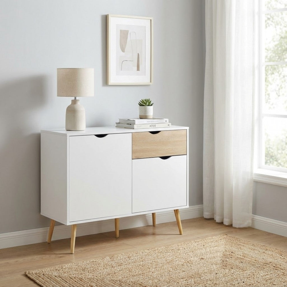 MOBILE THEODORE. Mobile con 1 anta e 2 cassetti in legno bianco e naturale Dimensioni: cm 99 x 39 x 82 h.