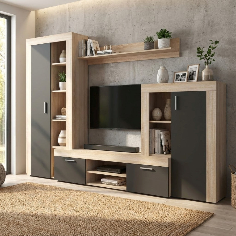 NOBEL ANTHRACITE AND LIGHT OAK LIVING ROOM WALL. ANTHRACITE and LIGHT OAK wooden wall. Dimensions: 263 x 40 x 200 cm h.