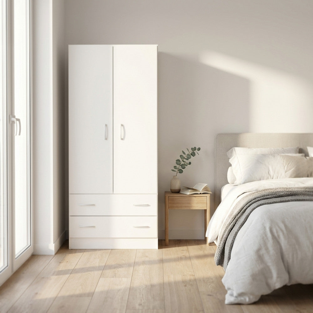 ARMADIO 2 ANTE E DUE CASSETTI POP BIANCO. Armadio in legno BIANCO Dimensioni: cm 80 x 52 x 180 h.
