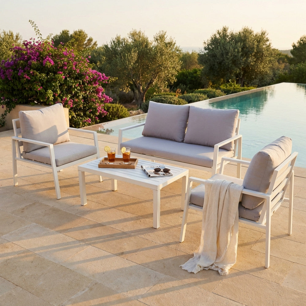 HELSINKI 2-SEAT LOUNGE WITH CUSHIONS. Aluminum frame in WHITE or ANTHRACITE or DOVE GREY or TAUPE. 10 cm polyester cushions. Dimensions: D.128x77x79/P.68x77x797T.51.5x95x46. Garden Furniture