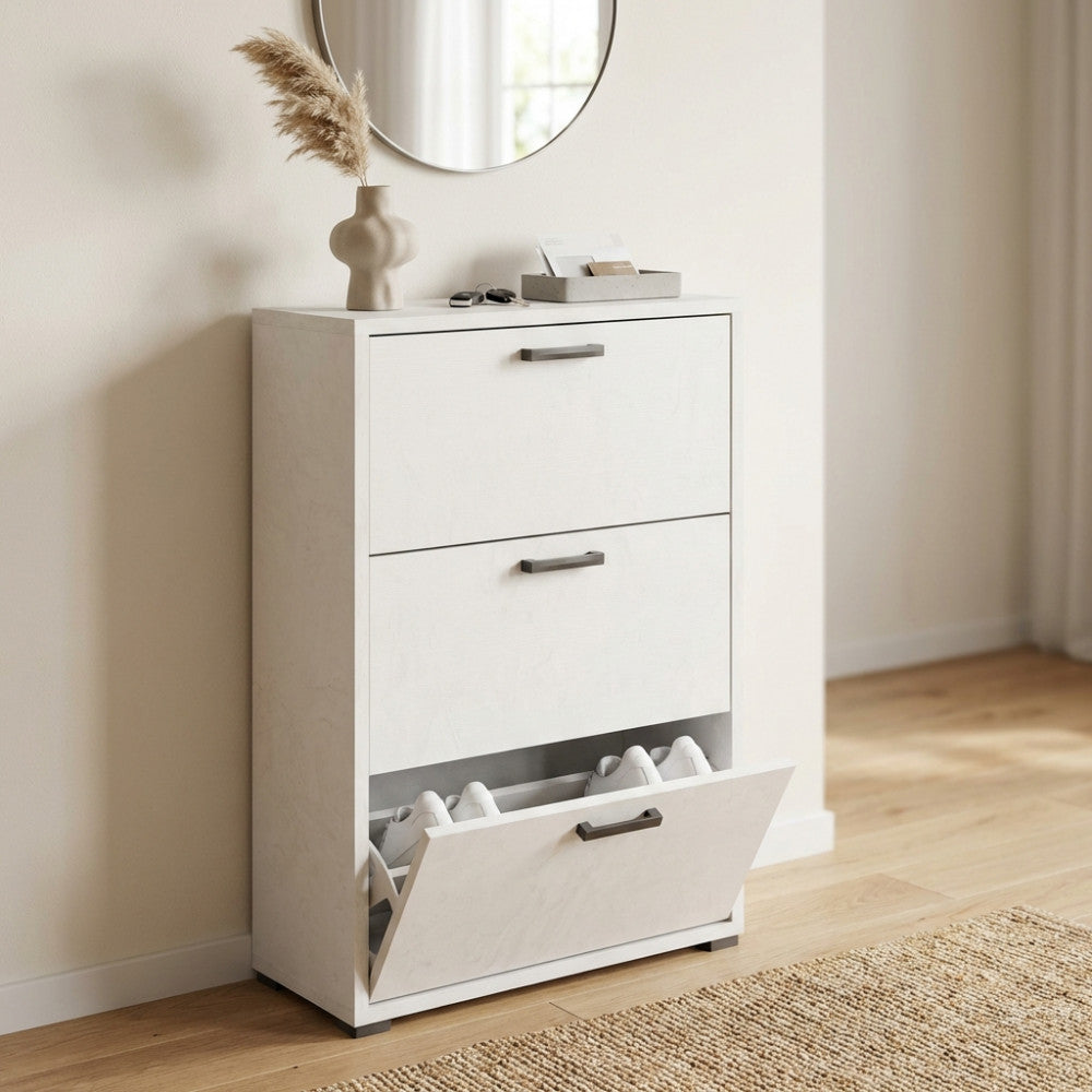 3-DOOR FLAP-TOP SHOE RACK, CEMENT WHITE. Dimensions: 75.3 x 33 x 115.7 cm.