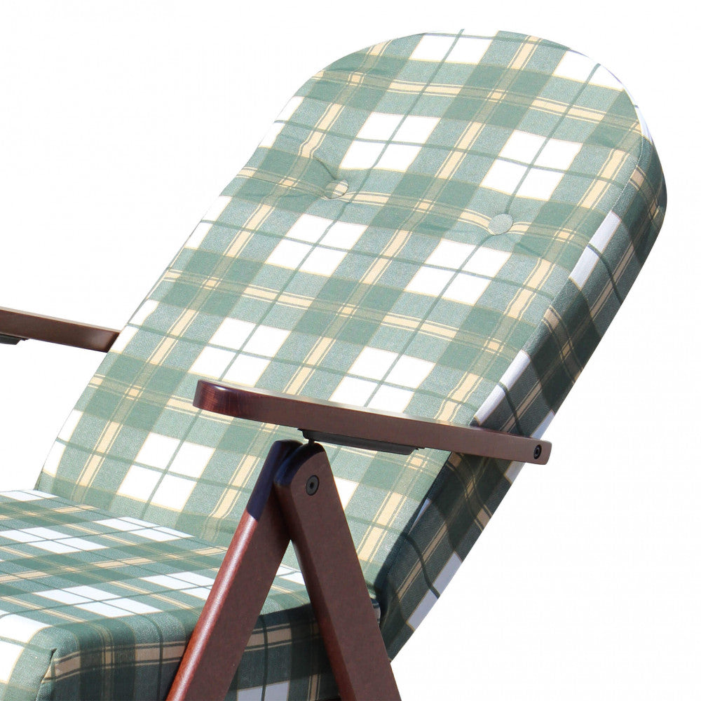 POLTRONA 4 POSIZIONI RELAX FAGGIO C/CUSCINO E PROLUNGA. Telaio in abete e traverse in faggio imbottitura di sfridi di spugna gomma piuma fodera in cotone 100% Dimensioni: cm 84/40x 60 x 100 h. Arredo Giardino