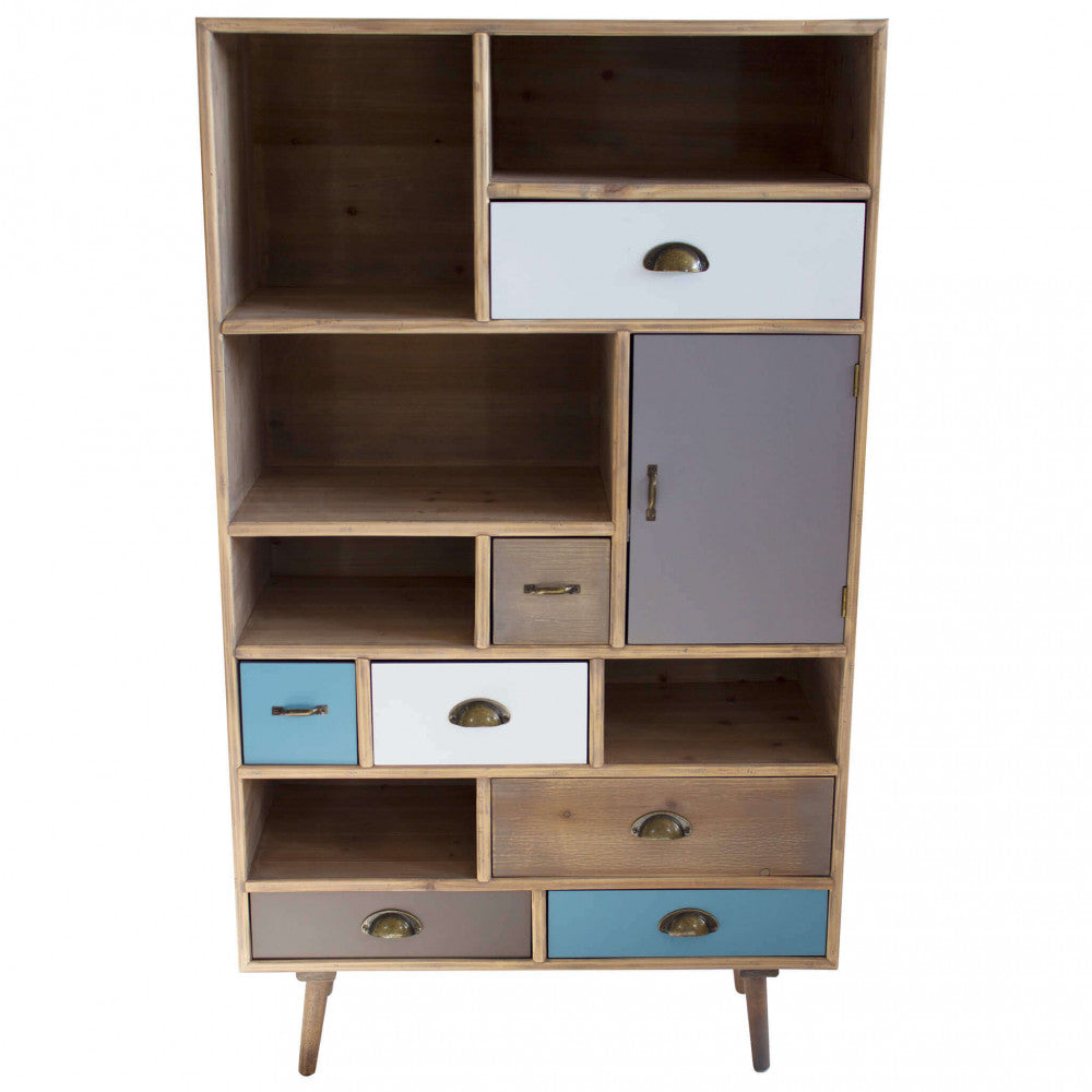 MOBILETTO PERTH. Struttura in MDF, gambe in legno di pino, top colore NATURALE 6 ripiani e 1 anta, 7 cassetti colorati Dimensioni: cm 80 x 36,5 x 139 h.