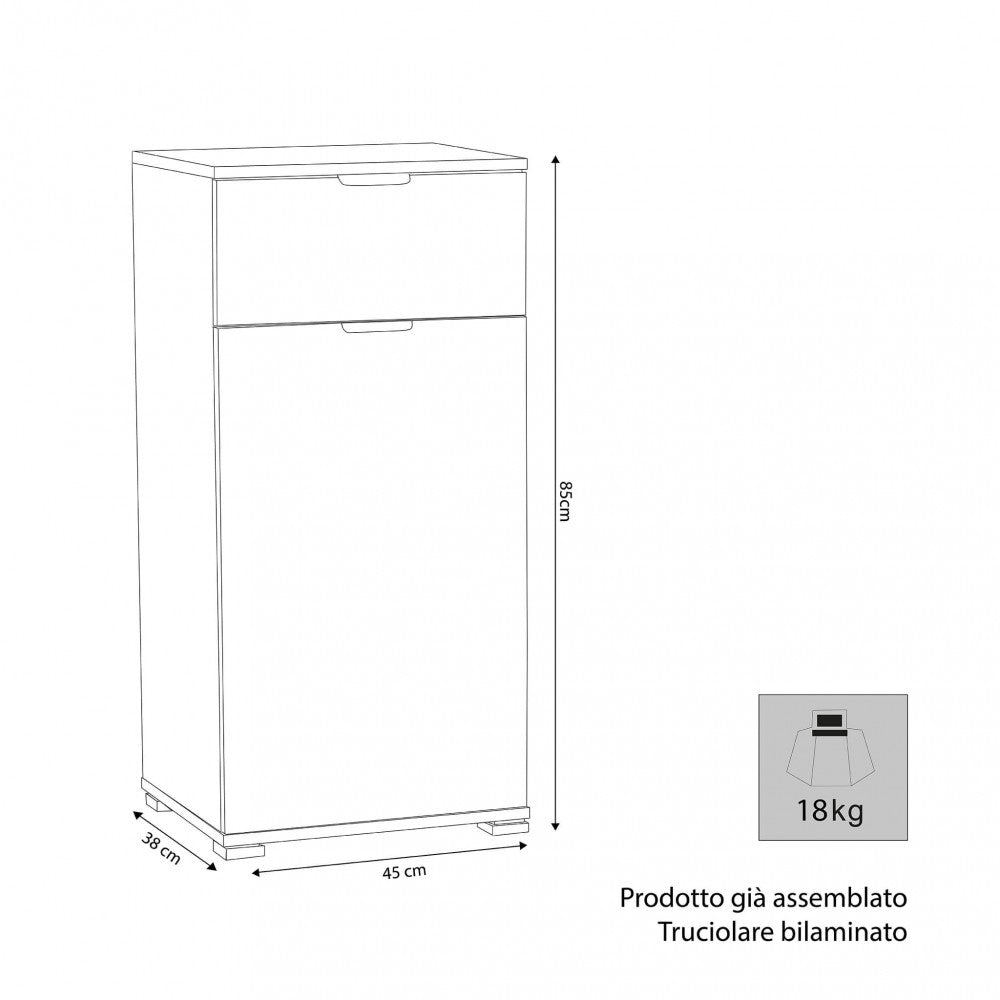 MOBILETTO LENA CON 1 ANTA E 1 CASSETTO BIANCA. Dimensioni: cm 45 x 38 x 85 h.