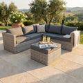 SALOTTO ANGOLARE ARGENTINA C/CUSCINI. Struttura in alluminio, wicker GRIGIO materiale UV protection cuscini 10 cm Dimensioni: D.136x72x64/D.208x72x64/T.64x64x31. Arredo Giardino
