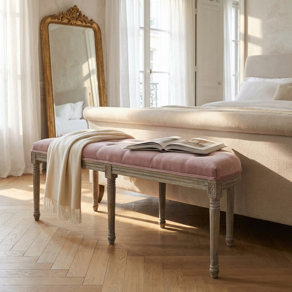 MARGI PINK VELVET BENCH. Dimensions: 125 x 45 x 48 cm.