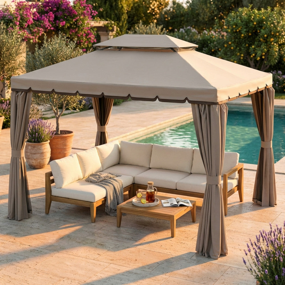 GAZEBO AVANA 3 X 4. Telo in poliestere AVORIO 180 gr e laterali 160 gr struttura in alluminio finitura NERA completo di 4 tende e zanzariere Dimensioni: m 3 x 4. Arredo Giardino