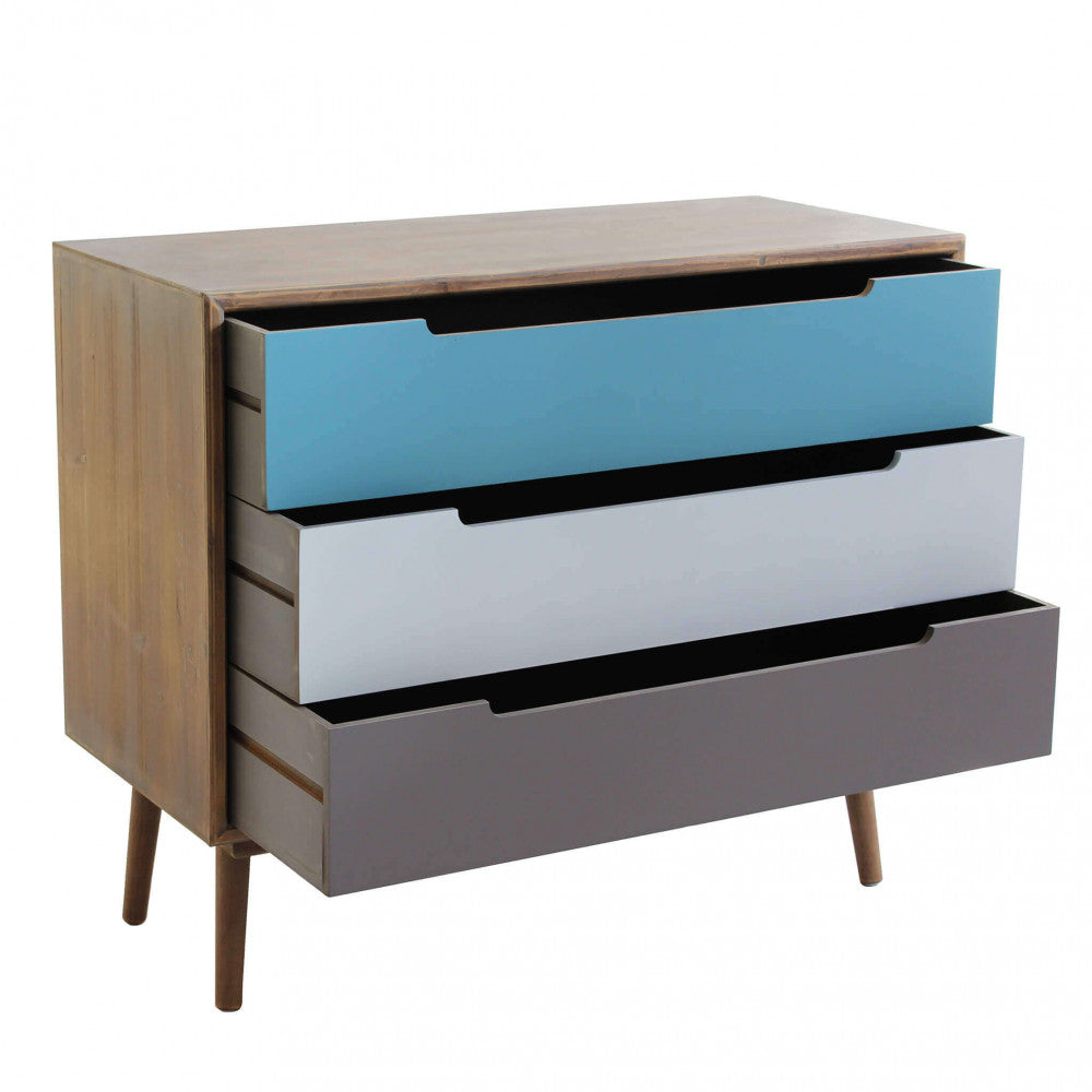 MOBILE BRISBANE. Struttura in MDF, gambe in legno di pino, top colore MARRONE 3 cassetti colorati Dimensioni: cm 80 x 35,5 x 66,5 h.