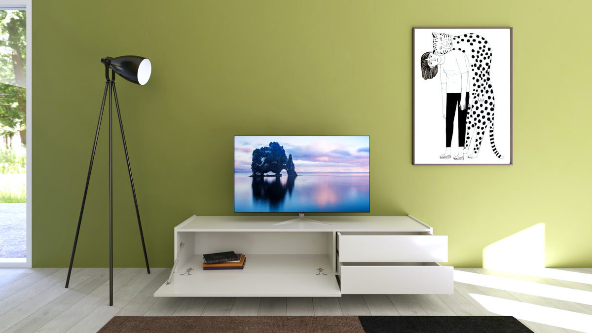 Porta TV 1 ribalta/2 cassetti 160x42x40 cm Valzella bianco lucido