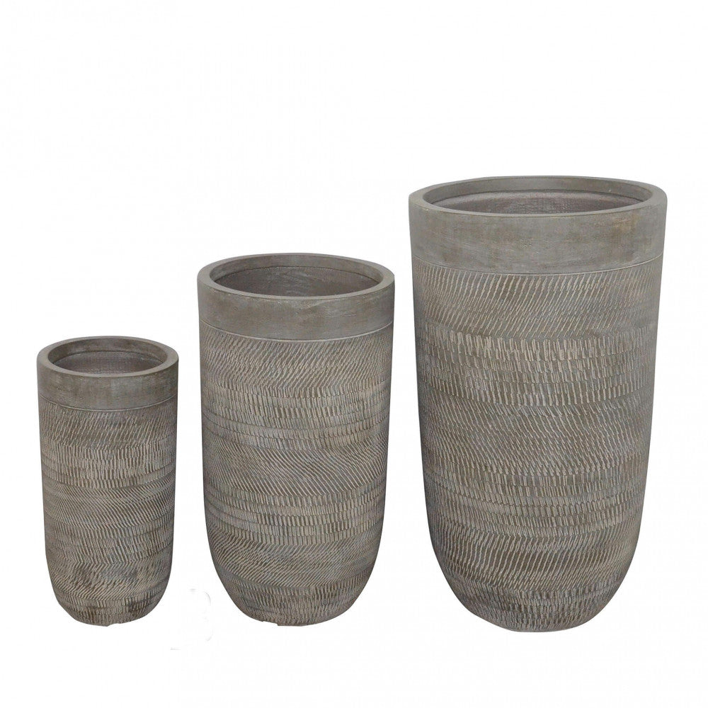 MAGNOLIA POT SET. Set of 3 synthetic fiber pots. Dimensions: W 43.5 x 43.5 x 78.5 cm / M 34 x 34 x 63.5 cm / D 24 x 24 x 49 cm. Garden furniture.