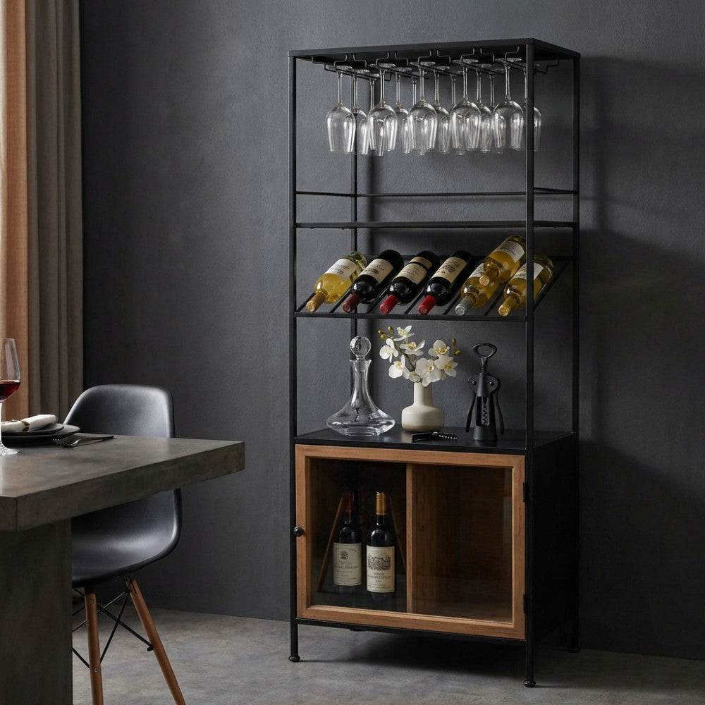 MOBILE MIK. Mobile in ferro e legno con 1 anta, porta bottiglie e porta bicchieri Dimensioni: cm 51,50 x 41 x 165,50 h.